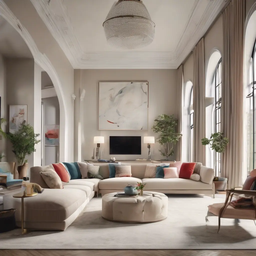 Elegante soggiorno con divano angolare beige, pouf rotondo imbottito, cuscini colorati e alte finestre ad arco.