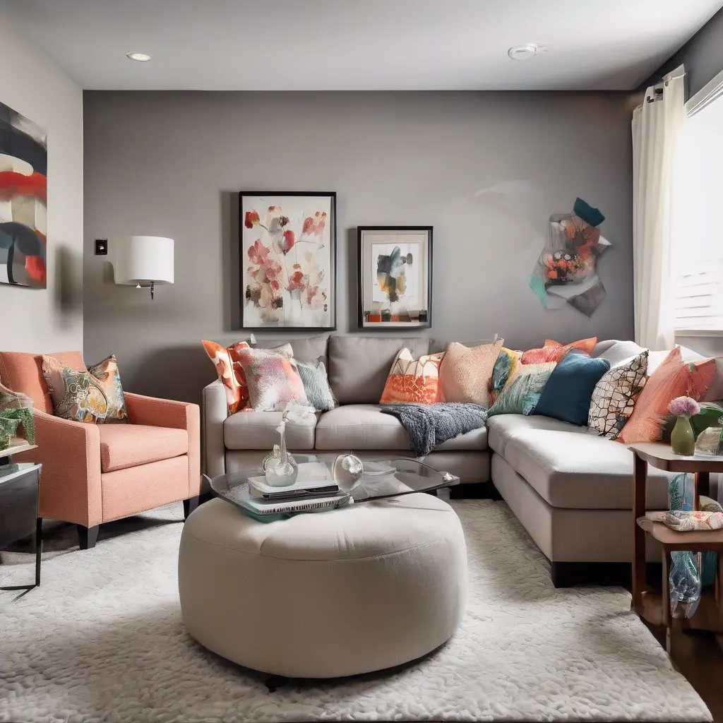 Soggiorno con divano angolare grigio chiaro, poltrona color pesca, pouf rotondo beige e cuscini colorati.