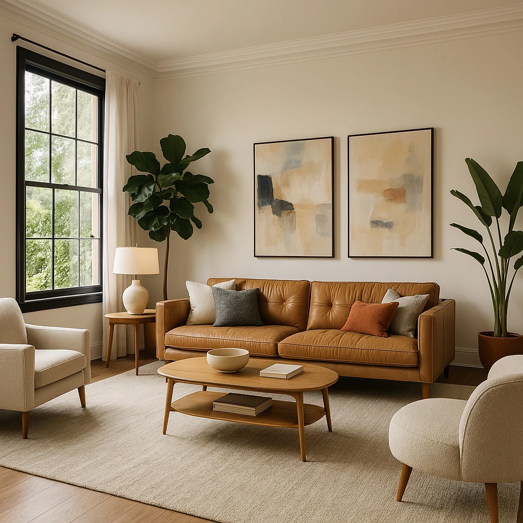 Soggiorno moderno con divano in pelle marrone, poltrone beige, tavolino ovale in legno e quadri astratti.