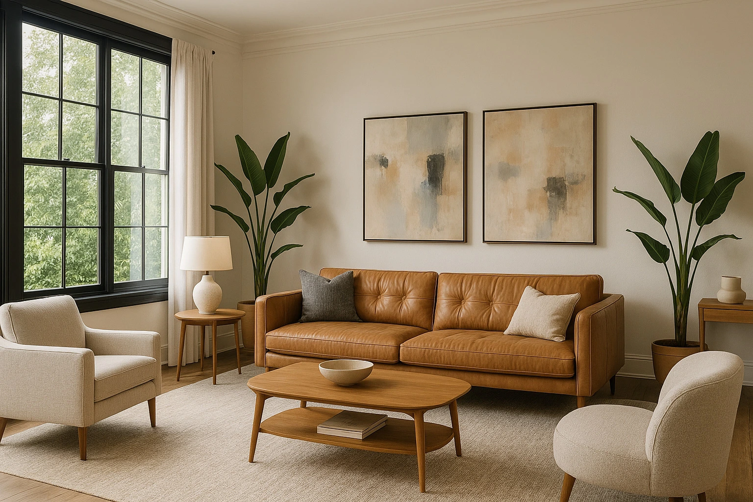 Soggiorno moderno con divano in pelle marrone, poltrone beige e grande finestra.