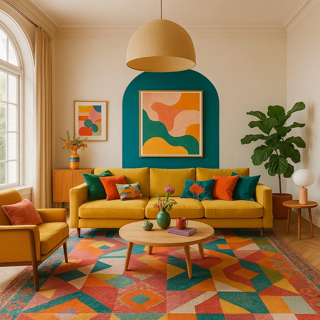 Soggiorno moderno e colorato con divano giallo senape, poltrona coordinata, tappeto geometrico multicolore, parete d'accento verde acqua e opere d'arte astratta.