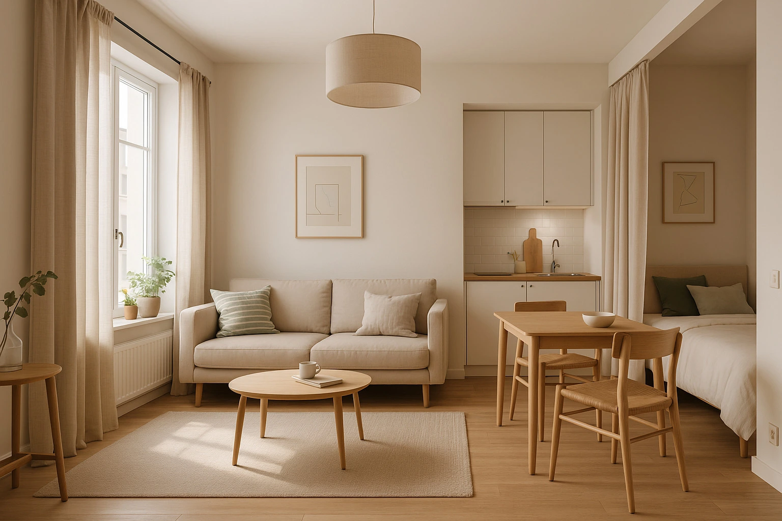 Interno di un piccolo appartamento moderno e luminoso con zona giorno, angolo cottura e zona pranzo in stile scandinavo.